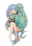  1girl barefoot blue_eyes blue_hair blush_stickers carrying duel_monster eria feet gagagigo lizardman long_hair looking_away princess_carry simple_background sweat washi_no_tosaka white_background yuu-gi-ou 