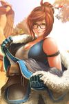 bare_shoulders beads breasts brown_hair cleavage glasses gloves hair_bun hair_ornament hair_stick highres jacket large_breasts lips mark_henry_bustamante mei_(overwatch) overwatch realistic removing_jacket solo sweat tank_top yellow_eyes 