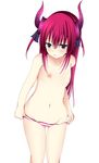  collarbone elizabeth_bathory_(fate) elizabeth_bathory_(fate)_(all) fate/extra fate/extra_ccc fate_(series) flat_chest green_eyes groin highres horns long_hair navel panties panty_pull red_hair simple_background solo striped striped_panties topless underwear white_background winter_(winterinkoakuma) 