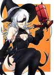  10h_(nier_reincarnation) 1girl bare_shoulders black_blindfold black_hat black_leotard black_thighhighs blindfold border breasts cleavage_cutout clothing_cutout commentary commission detached_sleeves english_commentary hair_over_one_eye halloween halloween_costume hat highres large_breasts leotard long_hair nier_(series) nier_reincarnation non-humanoid_robot orange_background outside_border pod_(nier:automata) robot smile solo thighhighs white_border white_hair zorb11s 