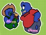 2025 anthro blue_body blue_fur bottomwear bugsnak bugsnax button_(fastener) button_pop clothing colored_mouth denim denim_bottomwear denim_clothing digital_drawing_(artwork) digital_media_(artwork) emanata embarrassed flannel_shirt flannel_vest flat_colors fur green_background green_eyes green_nose grumpus hat headgear headwear hi_res imminent_vore jeans male moncheebs mullet overweight pants simple_background solo sun_hat surprised_expression technically_vore torn_clothing tugging_clothing vore wambus_troubleham wardrobe_malfunction watermark weight_gain young_horses