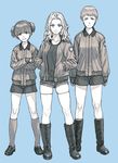  alisa_(girls_und_panzer) black_footwear black_shirt black_shorts bomber_jacket boots brown_jacket crossed_arms cutoffs denim denim_shorts freckles full_body girls_und_panzer gufu_(guffuumu) hands_in_pockets jacket kay_(girls_und_panzer) kneehighs loafers long_hair long_sleeves military military_uniform monochrome multiple_girls naomi_(girls_und_panzer) open_clothes open_jacket saunders_military_uniform school_emblem shirt shoes short_hair short_shorts short_twintails shorts simple_background socks star t-shirt thighhighs twintails uniform very_short_hair 