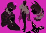  1boy animal_ear_piercing animal_ears blending bow brown_hair classicaloid dog_ears dress_shirt frederic_chopin_(classicaloid) hat high_contrast holding holding_hat holding_unworn_clothes jacket jacket_on_shoulders jewelry kemonomimi_mode male_focus multiple_views octahooves pants pink_background puffy_sleeves ring shirt short_hair simple_background unworn_hat unworn_headwear white_bow 