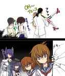  6+girls admiral_(kantai_collection) akatsuki_(kantai_collection) aura black_hair blue_eyes braid brown_eyes brown_hair carrying comic commentary_request cracked_wall dark_aura detached_sleeves empty_eyes eyepatch folded_ponytail hair_ornament hairclip hakama_skirt hat headgear hibiki_(kantai_collection) ikazuchi_(kantai_collection) inazuma_(kantai_collection) iowa_(kantai_collection) japanese_clothes jealous k2 kaga_(kantai_collection) kantai_collection kitakami_(kantai_collection) light_brown_hair long_hair military military_uniform multiple_girls naval_uniform plasma-chan_(kantai_collection) princess_carry purple_eyes purple_hair real_life remodel_(kantai_collection) school_uniform serafuku shaded_face short_hair side_ponytail single_braid smile steven_seagal tasuki tenryuu_(kantai_collection) thighhighs translated uniform verniy_(kantai_collection) white_hair yandere 