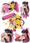  ;) aori_(splatoon) backwards_hat bike_shorts black_dress black_hair black_shorts brown_eyes detached_collar domino_mask dress earrings full_body gloves hand_on_hip hat holding holding_weapon ink ink_tank_(splatoon) inkling jewelry long_hair long_sleeves looking_to_the_side mask mole mole_under_eye multiple_views one_eye_closed pantyhose pink_legwear pink_shirt pointy_ears profile red_footwear shirt shoes short_sleeves shorts sitting smile splat_roller_(splatoon) splatoon_(series) splatoon_1 standing strapless strapless_dress t-shirt v weapon white_gloves wong_ying_chee 