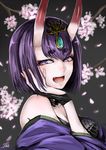  :d black_hair bob_cut cherry_blossoms eyeliner fangs fate/grand_order fate_(series) hand_on_own_cheek highres horns japanese_clothes kimono makeup off_shoulder oni oni_horns open_mouth short_eyebrows short_hair shuten_douji_(fate/grand_order) smile solo upper_body yusuki_(fukumen) 