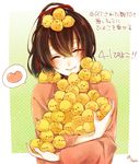  ^_^ animal animal_on_head bird blush brown_hair chick closed_eyes closed_mouth gradient gradient_background hair_ribbon hakuouki_shinsengumi_kitan head_tilt heart highres hoshi_no_pon on_head polka_dot polka_dot_background ponytail red_ribbon ribbon smile spoken_heart too_many too_many_chicks translated upper_body yukimura_chizuru 