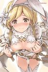  alternate_costume animal_ears blonde_hair blush breasts brown_eyes bunny_ears cape djeeta_(granblue_fantasy) fake_animal_ears flower granblue_fantasy hair_flower hair_ornament hairband leotard looking_at_viewer medium_breasts nipples pulled_by_self sage_(granblue_fantasy) short_hair solo super_zombie thighhighs twitter_username white_legwear wrist_cuffs 