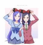  2girls adjusting_clothes adjusting_headwear aono_miki black_hair blazer blue_bow blue_bowtie blue_eyes blue_sailor_collar blue_shirt blue_skirt border bow bowtie buttons closed_mouth collared_jacket collared_shirt commentary_request cropped_legs dot_nose eyelashes fresh_precure! gradient_background green_necktie hair_bow happy heart higashi_setsuna highres isu_is jacket lapels layered_sleeves light_blush lips locked_arms long_hair long_sleeves looking_at_another miniskirt minnie_mouse_ears multiple_girls necktie notched_lapels outside_border pink_background pink_jacket pink_lips pleated_skirt pocket precure purple_background purple_hair red_bow red_eyes red_skirt romaji_text sailor_collar school_uniform serafuku shirt sidelocks skirt straight_hair striped_necktie very_long_hair white_border white_shirt 