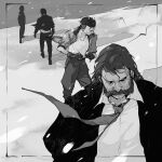  4boys beard bomber_jacket chanasykine chinese_commentary disco_elysium facial_hair frilled_shirt frills greyscale harry_du_bois highres holding holding_removed_eyewear jacket kim_kitsuragi monochrome multiple_boys necktie shirt snow suit unworn_eyewear wind 