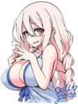  anne_happy bare_shoulders blush braid breasts cleavage commentary_request glasses hair_between_eyes hands_together huge_breasts kumegawa_botan long_hair looking_at_viewer open_mouth pink_eyes pink_hair simple_background smile solo steepled_fingers sweat twin_braids very_long_hair yoshida_hideyuki 