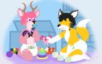 absurd_res abuniverse ambiguous_gender anthro antlers ball black_hair black_nose canid canine cheek_tuft clothed clothing deer diaper duo facial_tuft fennecat fox friendship_is_magic fur hair hasbro heart_spots hi_res hoof_hands hooves horn male mammal my_little_pony object_in_mouth pacifier pacifier_in_mouth peekabu pink_body pink_fur pinkie_pie_(mlp) pixile_studios plushie rose_hair simple_background super_animal_royale toy toy_box tuft twilight_sparkle_(mlp) watermark wearing_diaper white_body white_fur yellow_body yellow_fur