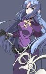  1girl absurdres blue_eyes blue_hair braid breasts dress fate_(series) gloves hecate's_staff_(fate) highres holding holding_staff jewelry koma315ht light_frown long_hair long_sleeves looking_at_viewer medea_(caster)_(fate) medea_(fate) pointy_ears side_braid solo staff 