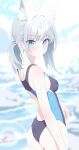  1girl absurdres animal_ear_fluff animal_ears ass black_one-piece_swimsuit blue_archive blue_eyes breasts competition_swimsuit cowboy_shot cross_hair_ornament extra_ears forgetf4 from_behind grey_hair hair_ornament halo highres looking_at_viewer low_ponytail medium_breasts medium_hair mismatched_pupils multicolored_swimsuit official_alternate_costume one-piece_swimsuit ponytail racerback shiroko_(blue_archive) shiroko_(swimsuit)_(blue_archive) solo swimsuit wolf_ears 