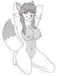  2016 anthro areola armwear big_breasts breasts canine featureless_crotch female fur hair kneeling long_hair looking_at_viewer mammal monochrome mostly_nude navel night0wi nipples one_eye_closed raised_arm simple_background smile solo teeth tongue tongue_out white_background wink wolf 