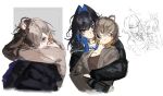  2girls ahoge black_hair black_jacket blonde_hair blue_eyes brown_camisole brown_eyes brown_hair brown_jacket camisole chibi chibi_inset closed_mouth collared_shirt cum cum_in_eye earrings embarrassed eus_ing flat_chest hair_between_eyes hair_ornament hair_ribbon hairclip hand_up high_ponytail highres hololive hololive_english hood hood_down hooded_jacket hug hug_from_behind jacket jewelry knee_up leaning_forward long_hair long_sleeves looking_at_viewer medium_hair multicolored_hair multiple_girls nanashi_mumei necklace open_clothes open_jacket open_mouth ouro_kronii ponytail purple_eyes ribbon shirt sidelocks simple_background smile star_(symbol) streaked_hair very_long_hair virtual_youtuber white_background white_hair yuri 