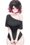  1girl black_bra black_hair black_shirt blush bra bralines breasts closed_mouth collarbone colored_inner_hair cowboy_shot ellen_joe groin hair_ornament hairclip hashtag-only_commentary highres looking_at_viewer miyuchiq multicolored_hair no_pants red_eyes red_hair shirt shirt_tug short_hair simple_background single_bare_shoulder single_off_shoulder solo straight-on sweat underwear white_background white_bra zenless_zone_zero 