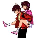  absurdres brown_hair carrying gundam gundam_zz highres jacket judau_ashta kawoshiki leina_ashta open_clothes open_jacket piggyback red_jacket siblings socks turtleneck white_background white_socks yellow_eyes 