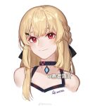  1girl absurdres aimota bare_shoulders black_bow black_choker blonde_hair bow braid chinese_commentary choker closed_mouth collarbone commentary_request commission cropped_torso diamond_choker dress eyelashes hair_between_eyes hair_bow hair_ornament hairclip happy highres light_blush long_hair long_sidelocks looking_at_viewer original red_eyes side_braids sidelocks signature simple_background single_sidelock sleeveless sleeveless_dress smile solo split_mouth straight_hair watermark weibo_watermark white_background white_dress 