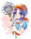  1girl bandana blue_eyes blush bob_cut bow bowtie closed_mouth commentary_request cropped_torso dated dragon_quest dragon_quest_ix dress flat_chest holding holding_staff inverted_bob partial_commentary puffy_short_sleeves puffy_sleeves purple_hair red_bandana red_bow red_bowtie rikka_(dq9) short_hair short_sleeves smile solo staff twitter_username urihara84 white_background 