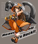 anchor armpits belt black_gloves boots breasts brown_hair coattails fang fingerless_gloves full_body gloves guilty_gear hat highres huge_weapon karukan_(monjya) long_hair may_(guilty_gear) navel orange_eyes orange_hat over_shoulder pants pants_rolled_up pirate_hat sideboob sleeveless small_breasts smile solo weapon weapon_over_shoulder 