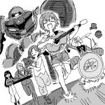  2girls 3boys amate_yuzuriha challia_bull char_aznable drum drum_set flute guitar gundam gundam_gquuuuuux haro hellfire00001 highres instrument monochrome multiple_boys multiple_girls music nyaan_(gundam_gquuuuuux) parody playing_instrument robot scene_reference sexy_commando_gaiden:_sugoiyo!_masaru-san shuji_ito zaku 