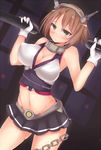  bare_shoulders blush breasts brown_hair chain cleavage commentary_request contrapposto covered_nipples cowboy_shot gloves green_eyes groin headgear huge_breasts kantai_collection kutan looking_at_viewer midriff miniskirt mutsu_(kantai_collection) navel radio_antenna sexually_suggestive short_hair skirt sleeveless solo standing torpedo underbust white_gloves 