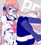  behind-the-head_headphones black_eyes boots copyright_name cross-laced_footwear fur-trimmed_jacket fur_trim glasses headphones jacket knee_boots lace-up_boots long_hair looking_at_viewer orange_hair persona persona_5 pollyanna-eri sakura_futaba smile solo thighhighs 