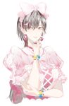  1girl black_hair bow bow_hairband bowtie bracelet_bow breasts commentary cosplay cropped_torso cross-laced_clothes cross-laced_dress dress earrings fujishima_megumi fujishima_megumi_(cosplay) grin hair_between_eyes hair_ornament hairband hairclip hand_on_own_elbow happy_shijo_shugi! heart heart_earrings heart_hair_ornament heart_ring jewelry katsuragi_izumi large_breasts link!_like!_love_live! long_hair looking_at_viewer love_live! multiple_rings orange_eyes pink_bow pink_bowtie pink_dress pink_hairband puffy_short_sleeves puffy_sleeves ring short_sleeves simple_background smile solo star_ring virtual_youtuber white_background wolf_cut yoruneko_yashiro 