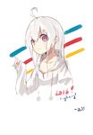  2016 absurdres ahoge artist_name collarbone dated eyebrows eyebrows_visible_through_hair fingernails highres hood hood_down hoodie hoshino_(illyasviel) long_hair looking_at_viewer original pink_eyes pointing pom_pom_(clothes) smile solo upper_body white_background white_hair 