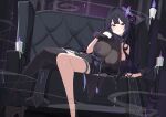  1girl absurdres bare_shoulders black_gloves black_hair black_thighhighs brown_dress candle commission couch detached_sleeves dress gloves hand_up highres long_hair looking_at_viewer lying mole mole_under_eye on_side original parted_lips purple_eyes reclining second-party_source single_thighhigh sleeveless sleeveless_dress solo thighhighs thighs very_long_hair w.k 