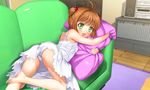  :d ass barefoot blush breasts brown_hair cardcaptor_sakura couch green_eyes highres kinomoto_sakura looking_at_viewer mutsuki_(moonknives) open_mouth panties pantyshot pillow pillow_hug short_hair small_breasts smile solo underwear white_panties 