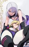  all_fours blonde_hair boots foreshortening gloria_tyler gloves grace_tyler long_hair lying multiple_girls on_back open_mouth red_eyes siblings silver_hair smile thigh_boots thighhighs twins washi_no_tosaka yellow_eyes yuu-gi-ou yuu-gi-ou_arc-v 