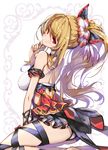  arm_garter back bare_shoulders black_skirt blonde_hair bow breasts choker closed_mouth duplicate flower from_side granblue_fantasy hair_bow hair_flower hair_ornament head_tilt hibiscus hong_(white_spider) large_breasts long_hair looking_at_viewer looking_back microskirt red_eyes sitting skirt smile solo vira_lilie 