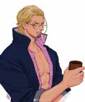  1boy adam&#039;s_apple bare_pectorals black_coat blonde_hair coat cup facial_hair glasses goatee highres holding holding_cup long_sleeves looking_at_viewer male_focus one_piece parted_lips pectorals scar scar_across_eye scar_on_face silvers_rayleigh simple_background solo toned toned_male vamos_mk white_background 