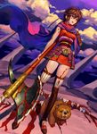  armor axe bear blood blood_on_face brown_hair cape cloud full_body japanese_clothes kimono obi original sash short_hair short_kimono sky thighhighs washi_no_tosaka weapon zettai_ryouiki 