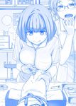  :q arm arm_grab blood blue breasts calendar_(object) commentary getsuyoubi_no_tawawa glasses gloves hand_to_own_mouth himura_kiseki large_breasts leaning_forward monochrome multiple_girls nurse open_mouth pov short_hair short_sleeves stool sweatdrop syringe tape teeth tongue tongue_out trembling v-shaped_eyebrows vial wavy_mouth worried zipper 