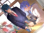  2boys ahoge arm_behind_back artist_name asymmetrical_hair backpack bag black_bag blue_cardigan blue_eyes blue_hair blush box branch cardigan chongyun_(genshin_impact) chongyun_(gigo)_(genshin_impact) classroom closed_mouth collared_shirt colored_eyelashes commentary curtains desk drawstring dutch_angle earrings english_commentary genshin_impact gift gift_bag gift_box green_pants hair_between_eyes heart-shaped_box holding holding_gift hood hood_down hoodie indoors jewelry light_particles long_sleeves male_focus mikanchii multiple_boys necktie official_alternate_costume open_mouth pants parted_bangs plaid_clothes plaid_pants profile red_necktie school_desk school_uniform shirt short_hair single_earring sitting sleeves_past_wrists sleeves_rolled_up standing tassel tassel_earrings white_hoodie white_shirt window wristband xingqiu_(genshin_impact) xingqiu_(gigo)_(genshin_impact) yellow_eyes 