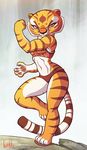  2016 artbirchly_(artist) bikini clothed clothing dreamworks feline female fur kung_fu_panda looking_at_viewer mammal master_tigress muscular smile stone swimsuit tiger waterfall white_fur 