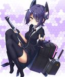  &gt;:) black_legwear black_skirt breasts checkered checkered_neckwear covered_nipples eyepatch gloves headgear honeycomb_(pattern) honeycomb_background kantai_collection katana medium_breasts mikawaya necktie outstretched_arm partly_fingerless_gloves purple_hair school_uniform sheath sheathed short_hair sitting skirt smile solo sword tenryuu_(kantai_collection) thighhighs thighs tiptoes v-shaped_eyebrows weapon yellow_eyes 