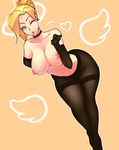 blonde_hair blown_kiss breasts choker elbow_gloves gloves highres large_breasts legs lips loen-lapae looking_at_viewer mature mercy_(overwatch) nipples no_panties one_eye_closed overwatch pantyhose short_hair solo thighband_pantyhose thighs topless wide_hips yellow_background 