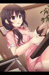  1girl black_eyes black_hair blush breasts cleavage dress dutch_angle employee_uniform hair_over_shoulder letterboxed looking_at_another low_ponytail massage medium_breasts name_tag original pink_dress short_dress sitting smile solo_focus towel towel_on_head uniform utsurogi_akira 