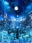  bad_pixiv_id blue blurry city cityscape dark fisheye full_moon horizon light_particles milky_way moon night night_sky no_humans original scenery sky star_(sky) starry_sky zonomaru 