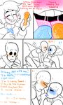  &lt;3 ... ?! ambiguous_gender animated_skeleton blush bone clothing comic detachable detachable_penis dialogue english_text human licking magic_penis male male/male mammal nsfwshamecave oral papyrus_(undertale) protagonist_(undertale) sans_(undertale) simple_background skeleton sweat text tongue tongue_out undead undertale video_games 