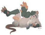 anthro arm_tuft balls big_balls big_penis blush cheek_tuft elbow_tuft erection facial_tuft feet fur genitals glistening glistening_eyes green_body green_fur green_hair grey_balls grey_body grey_fur grin hair hi_res humanoid_genitalia humanoid_penis looking_at_viewer lying male nipples nude on_back oselotti penis pink_nose pink_penis purple_eyes signature simple_background smile solo tuft white_background