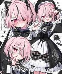  1girl @_@ absurdres animal_ear_hairband animal_ears black_dress black_nails black_ribbon cat_ear_hairband cat_ears dress eyepatch fake_animal_ears hair_between_eyes hairband heart heart-shaped_pupils highres knees medium_hair one_eye_covered original pink_eyes pink_hair ribbon symbol-shaped_pupils two-tone_dress waka_(wk4444) white_dress 
