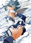  ;d ass blue_eyes blue_hair breasts cape gloves looking_at_viewer magical_girl mahou_shoujo_madoka_magica miki_sayaka one_eye_closed open_mouth sengoku_rokurou short_hair smile solo thighhighs 