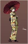  :d alternate_costume artist_name black_legwear blue_eyes brown_background brown_hair floral_print hair_ornament hair_ribbon hiei_(kantai_collection) japanese_clothes kantai_collection kimono lansane long_sleeves obi open_mouth oriental_umbrella ribbon sandals sash short_hair smile solo standing umbrella wide_sleeves yukata 