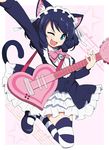  animal_ears bell black_hair blue_eyes blush bow cat_ears cat_tail curly_hair cyan_(show_by_rock!!) fang gothic_lolita guitar instrument lolita_fashion long_hair looking_at_viewer maid_headdress nel-c one_eye_closed open_mouth pink_background ringlets show_by_rock!! smile solo star striped striped_legwear tail thighhighs zettai_ryouiki 