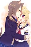  animal_ears bad_id bad_pixiv_id blazer blonde_hair bow bowtie brown_hair cat_ears cat_tail closed_eyes commentary_request dog_ears dog_tail highres jacket long_hair low_twintails mafuyu_(chibi21) multiple_girls one_eye_closed open_blazer open_clothes open_jacket open_mouth original paw_pose pink_eyes plaid plaid_skirt school_uniform serafuku skirt tail twintails yuri 